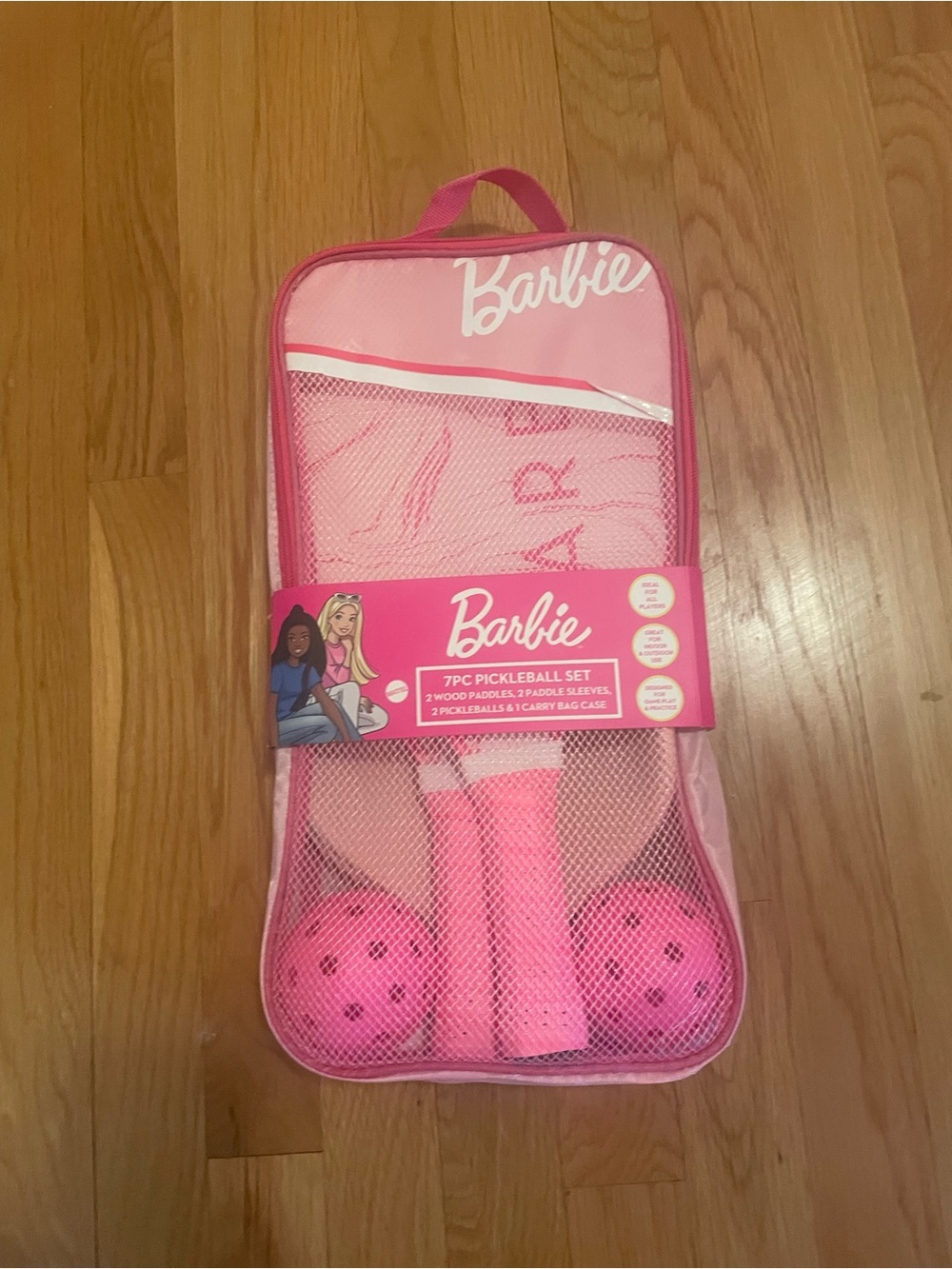 Mattel Barbie Pink 7-Piece Pickleball Set with Two Wooden Paddles and Carry Bag